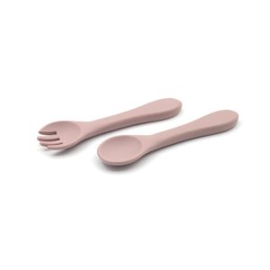Silica Gel Spoon and Fork Set| Kids Tableware Spoon | BPA FREE Silicone | Leather Pink Color